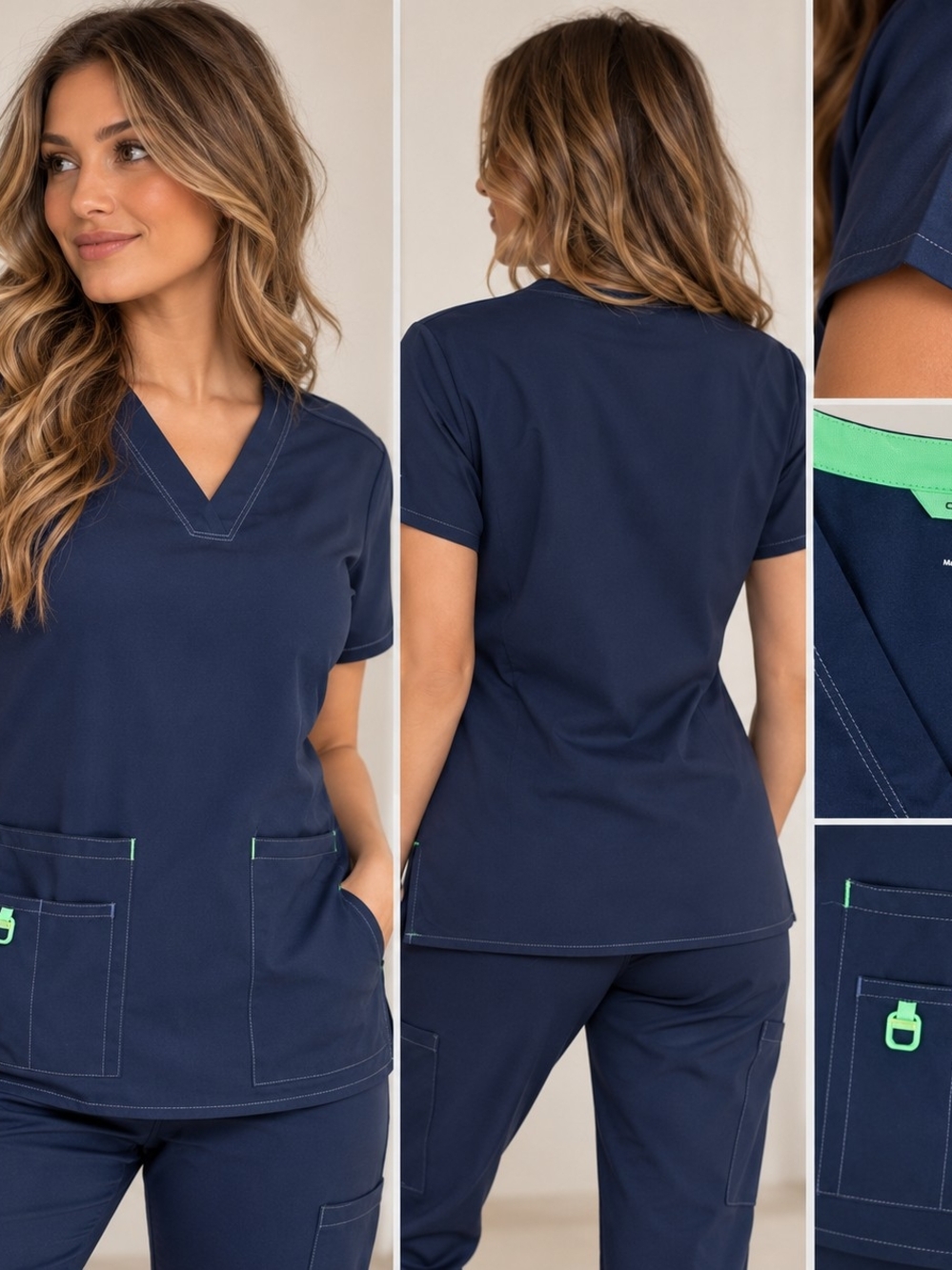 Carhartt Navy Short Sleeve V-Neck Top with Green Trim